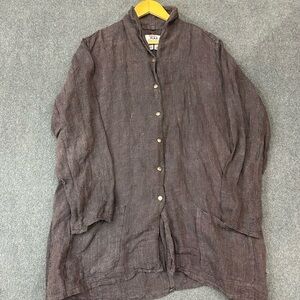 Flax Snap Up Button Linen Shirt Purple Women’s Large Lagenlook Boho